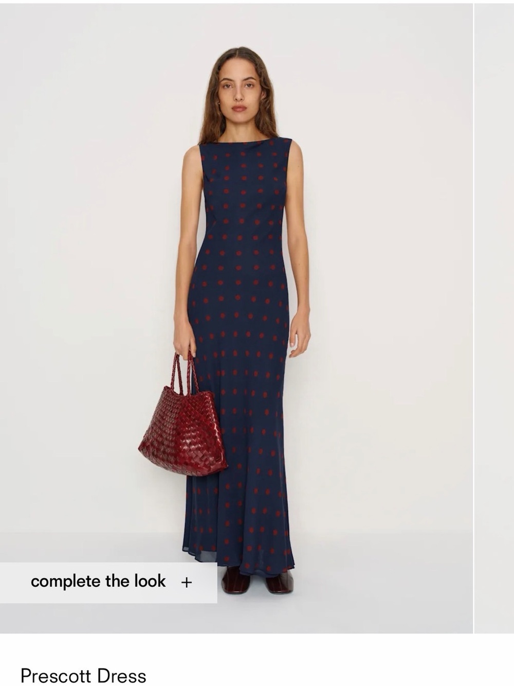 Reformation Navy Prescott Maxi Dress with Wine Polka Dots